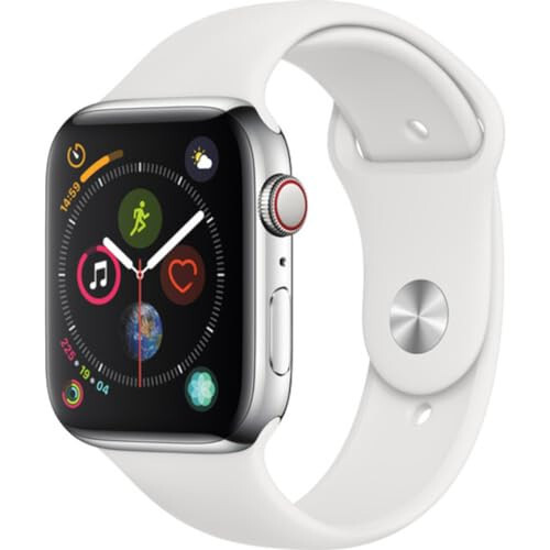 Apple Watch Series 4 (GPS + Cellular, 44MM) - Stainless Steel Case with White Sport Band (Renewed) - 8