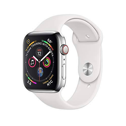 Apple Watch Series 4 (GPS + Cellular, 44MM) - Stainless Steel Case with White Sport Band (Renewed) - 1