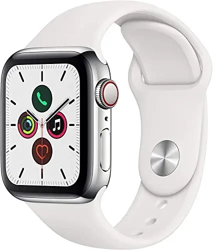 Apple Watch Series 5 (GPS + Cellular, 40MM) - Kumush zanglamaydigan po'lat korpus, oq sport tasma bilan (Yangilangan) 