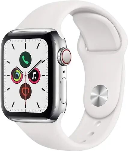 Apple Watch Series 5 (GPS + Cellular, 44MM) - Silver Stainless Steel Case with White Sport Band (Renewed) - Apple