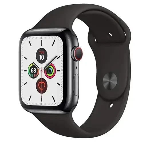 Apple Watch Series 5 (GPS + Cellular, 44MM) - Space Black Stainless Steel Case with Black Sport Band (Renewed) - APPLE