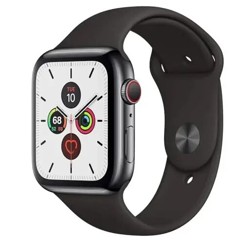 Apple Watch Series 5 (GPS + Cellular, 44MM) - Space Black Stainless Steel Case with Black Sport Band (Renewed) - Apple