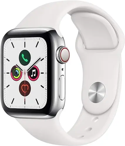 Apple Watch Series 5 (GPS + Cellular, 44MM) - Silver Stainless Steel Case with White Sport Band (Renewed) 