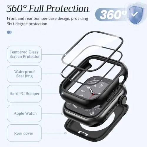 Goton 2 Pack Waterproof Case for Apple Watch Series 6 5 4 SE 2nd Generation Screen Protector 40mm, Tempered Glass Hard PC Shockproof Cover Back Bumper for iWatch - 5