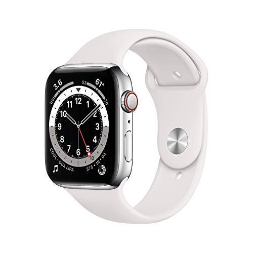 Apple Watch Series 6 (GPS + Cellular, 44 mm) - Kumush zanglamaydigan po'lat korpusli oq sport tasmasi bilan (Yangilangan) - 1