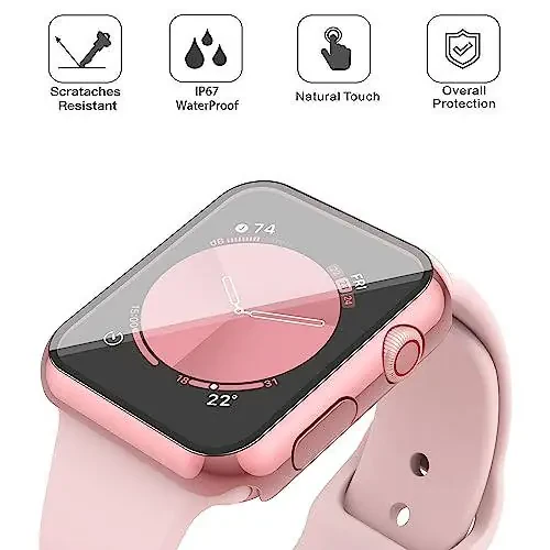 Apple Watch Series 6 SE Series 5 Series 4 44mm uchun Misxi [2 ta to'plam] Su o'tkazmaydigan tirnalishga chidamli qopqoq, tugmali qattiq PC qopqoq va temperlangan shisha ekran himoyachisi, iWatch uchun 1 gul pushti + 1 shaffof - 4