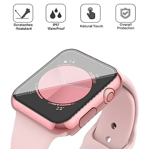 Apple Watch Series 6 SE Series 5 Series 4 44mm uchun Misxi [2 ta to'plam] Su o'tkazmaydigan tirnalishga chidamli qopqoq, tugmali qattiq PC qopqoq va temperlangan shisha ekran himoyachisi, iWatch uchun 1 gul pushti + 1 shaffof - 4