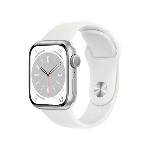 Apple Watch Series 8 [GPS, 41mm] - Kumush rangli alyuminiy korpus, oq sport bilaguzuk, M/L (Yangilangan) 