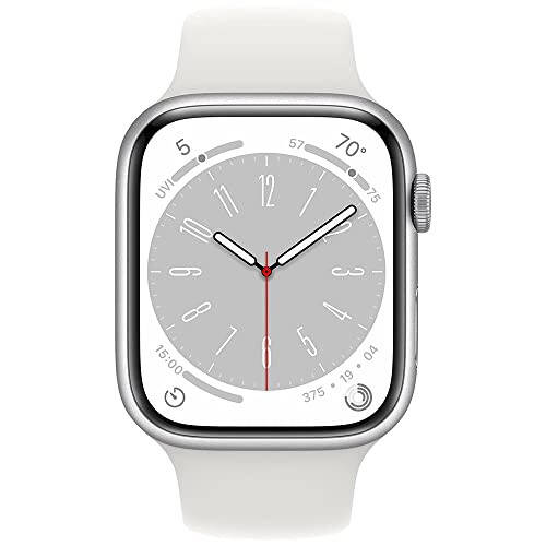 Apple Watch Series 8 [GPS, 45mm] Silver Aluminum Case with White Sport Band, M/L (Renewed) - 8