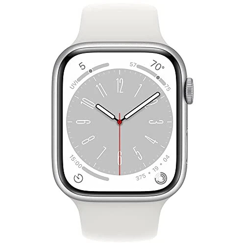 Apple Watch Series 8 [GPS, 45mm] Silver Aluminum Case with White Sport Band, M/L (Renewed) - 8