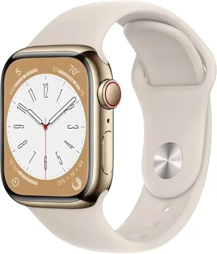 Apple Watch Series 8 (GPS + Cellular, 41MM) Gold Stainless Steel Case with Starlight Sport Band - S/M (Renewed) - 1