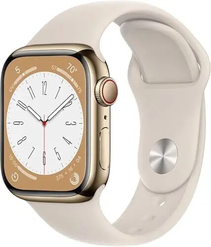 Apple Watch Series 8 (GPS + Cellular, 41MM) Gold Stainless Steel Case with Starlight Sport Band - S/M (Renewed) - Apple