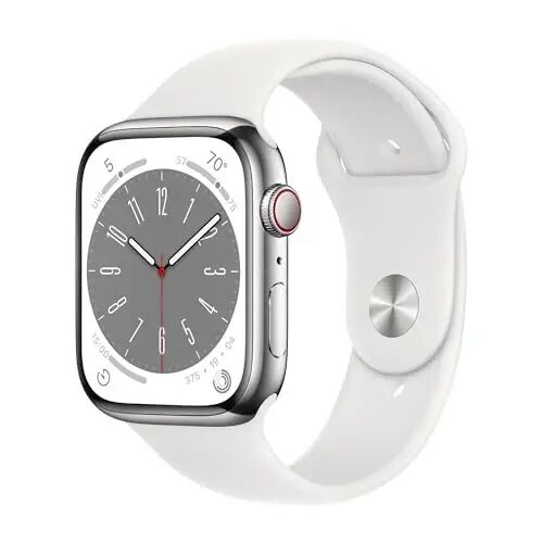 Apple Watch Series 8 (GPS + Cellular, 41mm) - Silver Stainless Steel Case with White Sport Band M/L (Renewed) - Apple