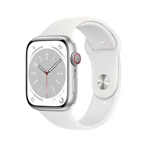 Apple Watch Series 8 [GPS + Cellular, 45mm] - Silver Aluminum Case with White Sport Band, M/L (Renewed) - APPLE