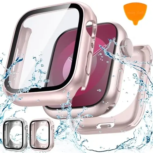 Goton 2 Pack Waterproof Case for Apple Watch Series 9 8 7 Screen Protector 41mm, Tempered Glass Hard PC Shockproof Cover Back Bumper for iWatch - 1