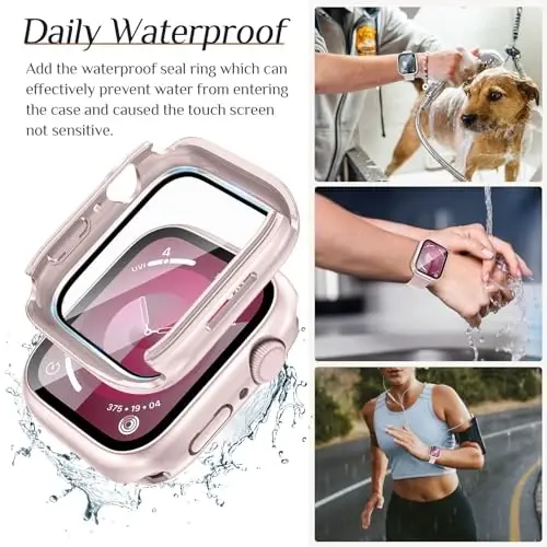 Goton 2 Pack Waterproof Case for Apple Watch Series 9 8 7 Screen Protector 41mm, Tempered Glass Hard PC Shockproof Cover Back Bumper for iWatch - 3