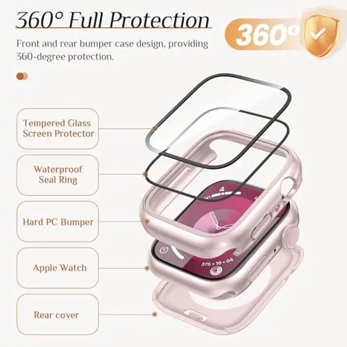 Goton 2 Pack Waterproof Case for Apple Watch Series 9 8 7 Screen Protector 41mm, Tempered Glass Hard PC Shockproof Cover Back Bumper for iWatch - 5