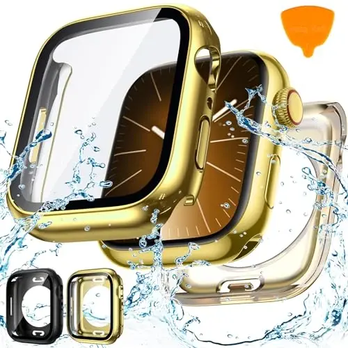 Goton 2 Pack Waterproof Case for Apple Watch Series 9 8 7 Screen Protector 41mm, Tempered Glass Hard PC Shockproof Cover Back Bumper for iWatch - 1