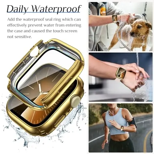 Goton 2 Pack Waterproof Case for Apple Watch Series 9 8 7 Screen Protector 41mm, Tempered Glass Hard PC Shockproof Cover Back Bumper for iWatch - 3