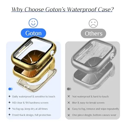 Goton 2 Pack Waterproof Case for Apple Watch Series 9 8 7 Screen Protector 41mm, Tempered Glass Hard PC Shockproof Cover Back Bumper for iWatch - 4
