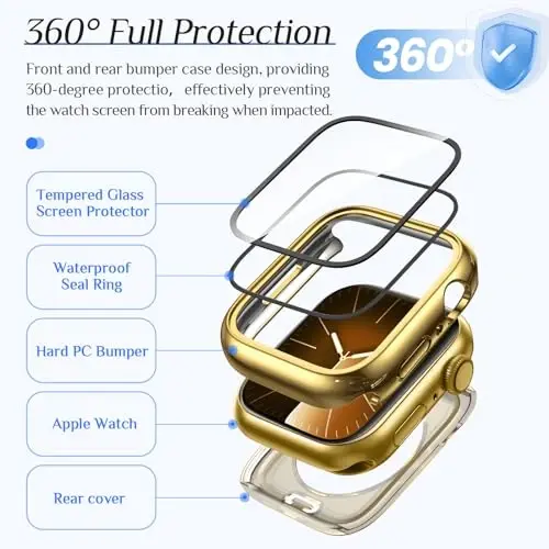 Goton 2 Pack Waterproof Case for Apple Watch Series 9 8 7 Screen Protector 41mm, Tempered Glass Hard PC Shockproof Cover Back Bumper for iWatch - 5