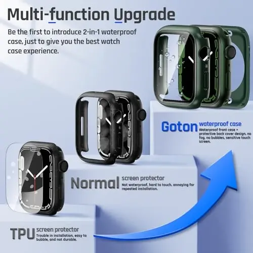 Goton 2 in 1 Waterproof Case for Apple Watch Series 9 8 7 Screen Protector 45mm, 360 Protective Glass Face Cover Hard PC Bumper + Back Frame for iWatch Accessories 45 mm - 3