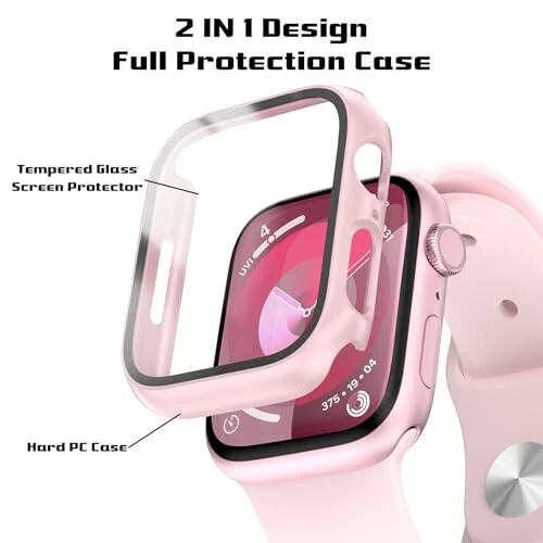 2 Pack Hard PC Case for Apple Watch Series 9 Series 8/7 41mm Screen Protector, EWUONU Tempered Glass Film Hard Bumper Anti-Scratch HD Ultra-Thin Protective Cover for iWatch Series 9/8/7 41mm, Pink - EWUONU (1)
