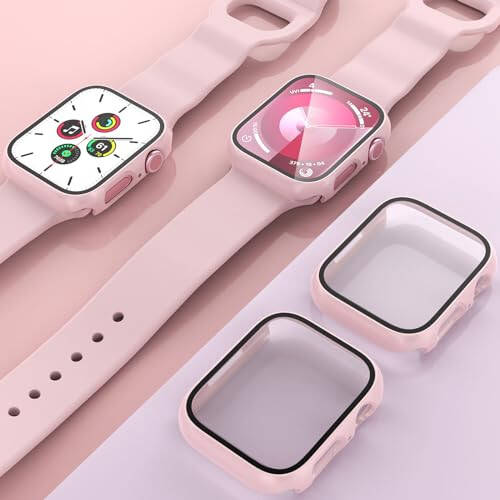 2 Pack Hard PC Case for Apple Watch Series 9 Series 8/7 41mm Screen Protector, EWUONU Tempered Glass Film Hard Bumper Anti-Scratch HD Ultra-Thin Protective Cover for iWatch Series 9/8/7 41mm, Pink - 7
