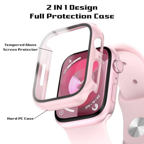 2 Pack Hard PC Case for Apple Watch Series 9 Series 8/7 41mm Screen Protector, EWUONU Tempered Glass Film Hard Bumper Anti-Scratch HD Ultra-Thin Protective Cover for iWatch Series 9/8/7 41mm, Pink - 2