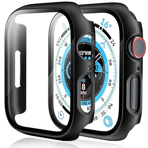 Apple Watch Series 9, Series 8/7 41mm uchun 2 ta qattiq PC korpus, qattiq tamponli, chizishga chidamli HD ultra yupqa himoya qopqog'i, qora 