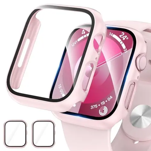 2 Pack Hard PC Case for Apple Watch Series 9 Series 8/7 45mm Screen Protector, EWUONU Tempered Glass Film Hard Bumper Anti-Scratch HD Ultra-Thin Protective Cover for iWatch Series 9/8/7 45mm, Pink - 1