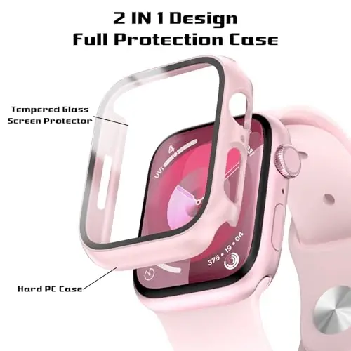 2 Pack Hard PC Case for Apple Watch Series 9 Series 8/7 45mm Screen Protector, EWUONU Tempered Glass Film Hard Bumper Anti-Scratch HD Ultra-Thin Protective Cover for iWatch Series 9/8/7 45mm, Pink - EWUONU (1)