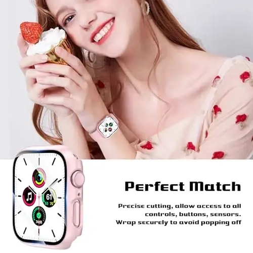 2 Pack Hard PC Case for Apple Watch Series 9 Series 8/7 45mm Screen Protector, EWUONU Tempered Glass Film Hard Bumper Anti-Scratch HD Ultra-Thin Protective Cover for iWatch Series 9/8/7 45mm, Pink - 4