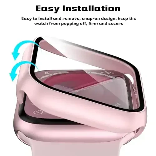 2 Pack Hard PC Case for Apple Watch Series 9 Series 8/7 45mm Screen Protector, EWUONU Tempered Glass Film Hard Bumper Anti-Scratch HD Ultra-Thin Protective Cover for iWatch Series 9/8/7 45mm, Pink - 3