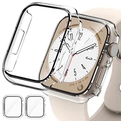 2 Pack Hard PC Case for Apple Watch Series 9 Series 8/7 45mm Screen Protector, EWUONU Tempered Glass Film Hard Bumper Anti-Scratch HD Ultra-Thin Protective Cover for iWatch Series 9/8/7 45mm, Clear - EWUONU
