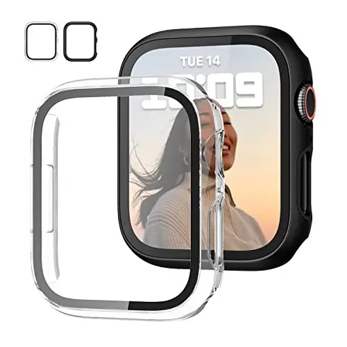 2 Pack Case with Tempered Glass Screen Protector for Apple Watch Series 9/8/7 41mm,JZK Slim Guard Bumper Full Hard PC Protective Cover HD Ultra-Thin Cover for iWatch 41mm Accessories,Black+Clear - JZK