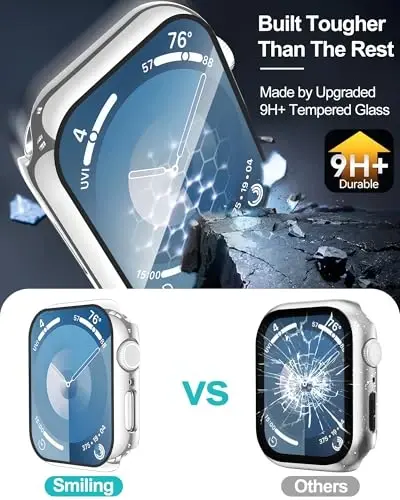 Smiling 2 Pack Case Compatible with Apple Watch Series 9/8/7 41mm with Tempered Glass Screen Protector, Hard PC Case Overall Protective Cover- 1 Silver + 1 Transparent - 3