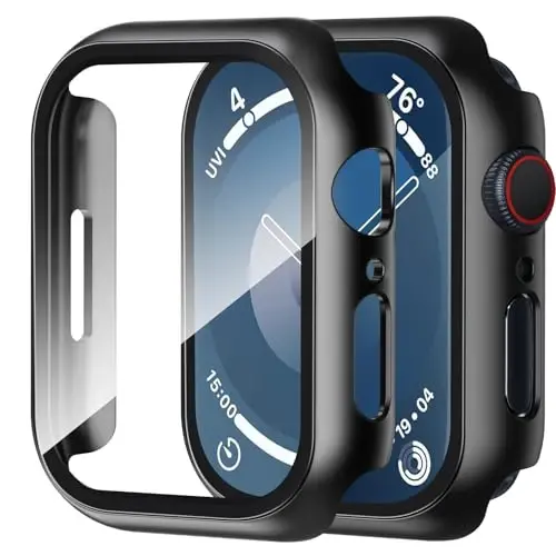 Smiling 2 Pack Case Compatible with Apple Watch Series 9/8 /7 41mm with Tempered Glass Screen Protector, Hard PC Case Overall Protective Cover- Black 