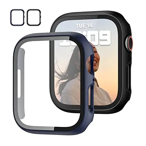 2 Pack Case with Tempered Glass Screen Protector for Apple Watch Series 9/8/7 45mm,JZK Slim Guard Bumper Full Hard PC Protective Cover HD Thin Cover for iWatch 9/8/7 45mm Accessories,Black+Blue - 1