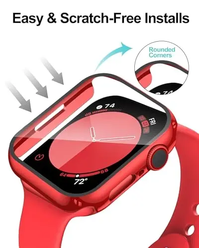 Smiling 2 Pack Case Compatible with Apple Watch Series 9/8/7 45mm with Tempered Glass Screen Protector, Hard PC Case Overall Protective Cover- 1 Red + 1 Transparent - 5