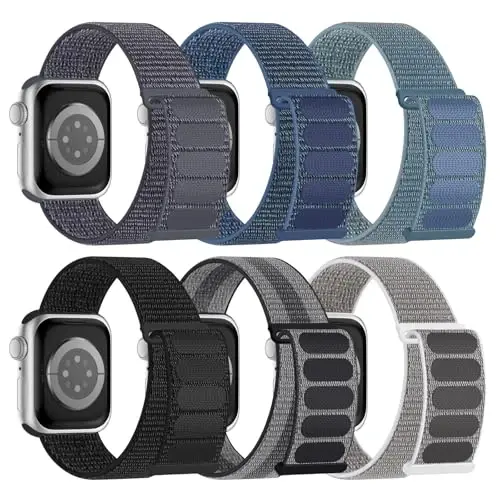 Apple Watch tasmalariga mos 6 Pack Sport neylon halqa tasma 38mm 40mm 41mm 42mm 44mm 45mm 46mm 49mm ayollar erkaklar uchun, iWatch Series 10/9/8/7/6/5/4/3/SE/Ultra uchun sozlanishi nafas oladigan o'ralgan tasmalar - MODAZONE