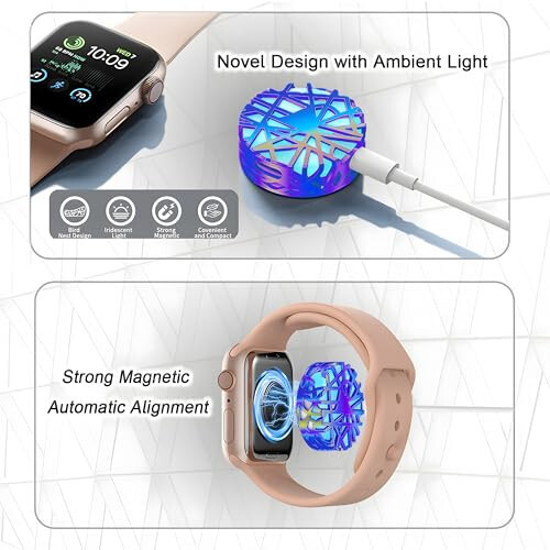 Apple Watch uchun takomillashtirilgan magnit soat zaryadlovchi qurilmasi, qush uyasi dizayni bilan ko'p rangli LED, ikki portli USB C iWatch Apple Watch ko'chma zaryadlovchi qurilmasi 9/8/7/Ultra/SE/6/5/4/3/2/1 seriyalari uchun (Rangli) - 3