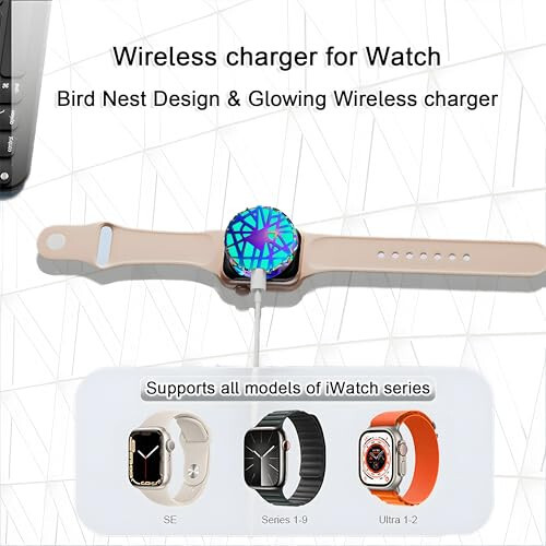 Apple Watch uchun takomillashtirilgan magnit soat zaryadlovchi qurilmasi, qush uyasi dizayni bilan ko'p rangli LED, ikki portli USB C iWatch Apple Watch ko'chma zaryadlovchi qurilmasi 9/8/7/Ultra/SE/6/5/4/3/2/1 seriyalari uchun (Rangli) - 5