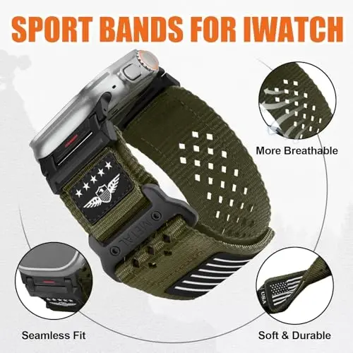 Rugged Nylon Band for Apple Watch Ultra 3/2/1 Series 11 10 9 8 7 6 5 4 SE/3/2/1 for Men,Breathable Stars-Stripes Flag Wristband Workout Athletic Strap for iWatch Ultra Bands 49mm 46mm 45mm 44mm 42mm - 4