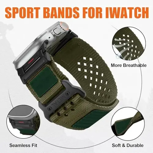 Apple Watch Ultra 2 uchun erkaklar uchun mustahkam neylon tasma 49mm 46mm 45mm 44mm 42mm, nafas oladigan Stars-Stripes Flag bilaguzuk iWatch Bands Ultra Series 10 9 8 7 6 5 4 3 SE/Ultra2 uchun mashg'ulot sport tasmasi - 4