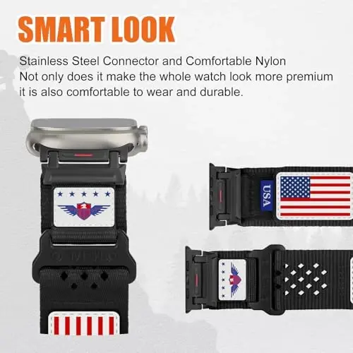Apple Watch Ultra 2 uchun erkaklar uchun Rugged neylon tasma 49mm 46mm 45mm 44mm 42mm, nafas oladigan Yulduzlar-chiziqlar bayroqli bilaguzuk iWatch Bands Ultra Series 10 9 8 7 6 5 4 3 SE/Ultra2 uchun mashg'ulot sport tasmasi - 3