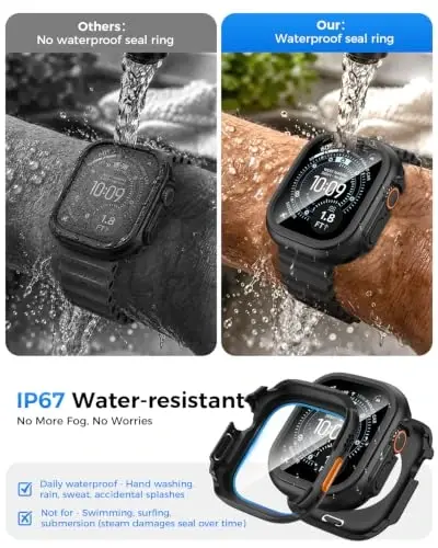 Goton 2 Pack Waterproof Case for Apple Watch Ultra 2 - Ultra1 Screen Protector 49mm, Tempered Glass Hard PC Shockproof Cover Back Bumper for iWatch - 3