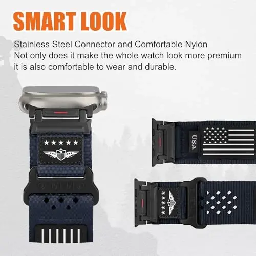 Apple Watch Ultra 3/2/1 Series 11 10 9 8 7 6 5 4 SE/3/2/1 uchun erkaklar uchun bardoshli neylon tasma, nafas oladigan yulduzlar-chiziqlar bayroqli bilaguzuk iWatch Ultra Bands 49mm 46mm 45mm 44mm 42mm uchun mashg'ulot sport tasmasi - 3