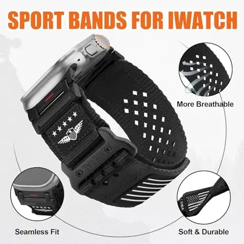 Apple Watch Ultra 3/2/1 Series 11 10 9 8 7 6 5 4 SE/3/2/1 uchun erkaklar uchun mustahkam neylon tasma, iWatch Ultra tasmalar uchun nafas oladigan Yulduzlar-chiziqlar bayroqli bilaguzuk mashqlari atletik tasmasi 49mm 46mm 45mm 44mm 42mm - 4