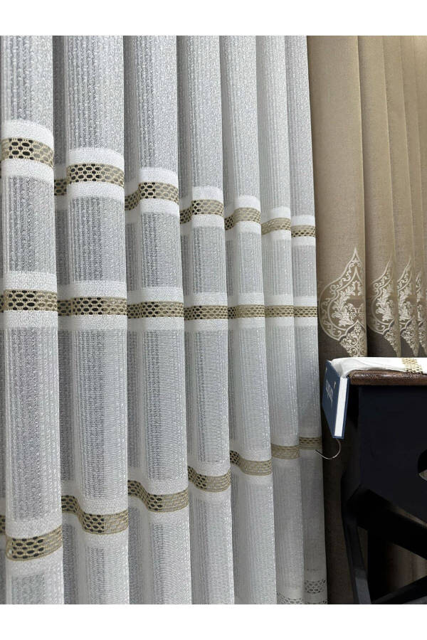 Applique Knit 1/3 Tight Pleat, Sheer Curtain Single Panel - Ecru / Beige - 9